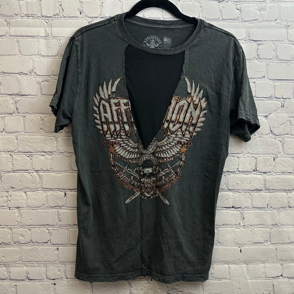 Affliction Deep V Mesh Insert Short Sleeve Graphic Tee Gray Orange Size Small